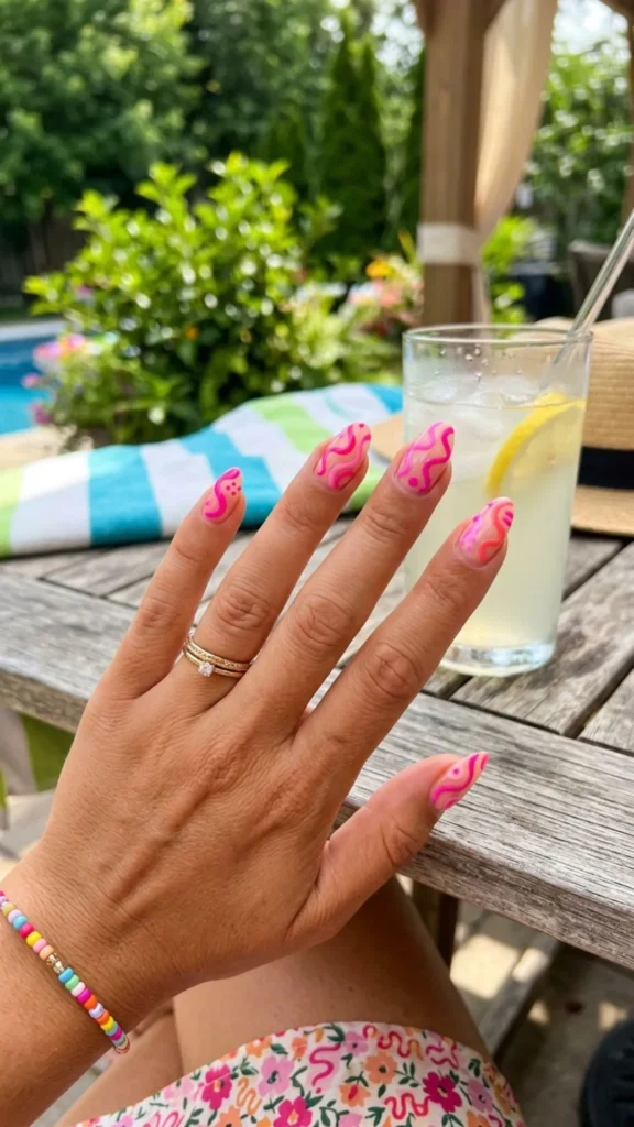 Modern pink squiggle nail art with stylish abstract line details.