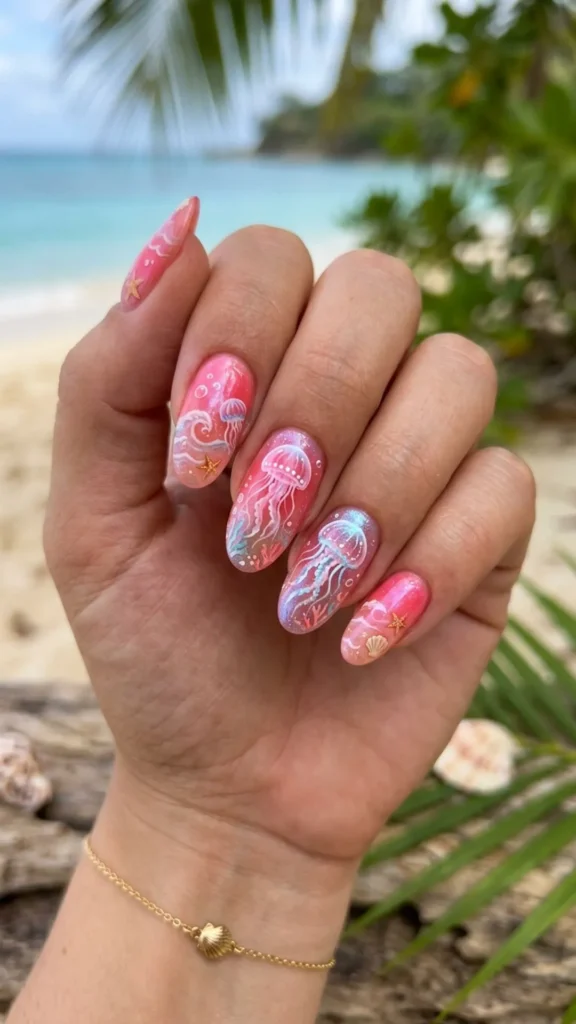 Pink tropical ocean inspired nails featuring playful jellyfish art