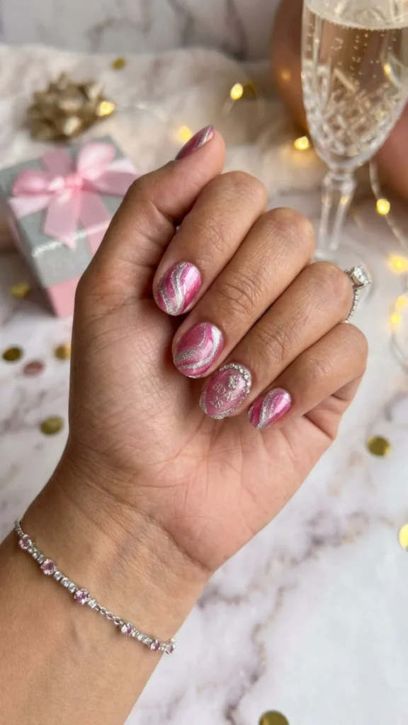 Pink and silver swirl coffin nails with glamorous birthday styling.