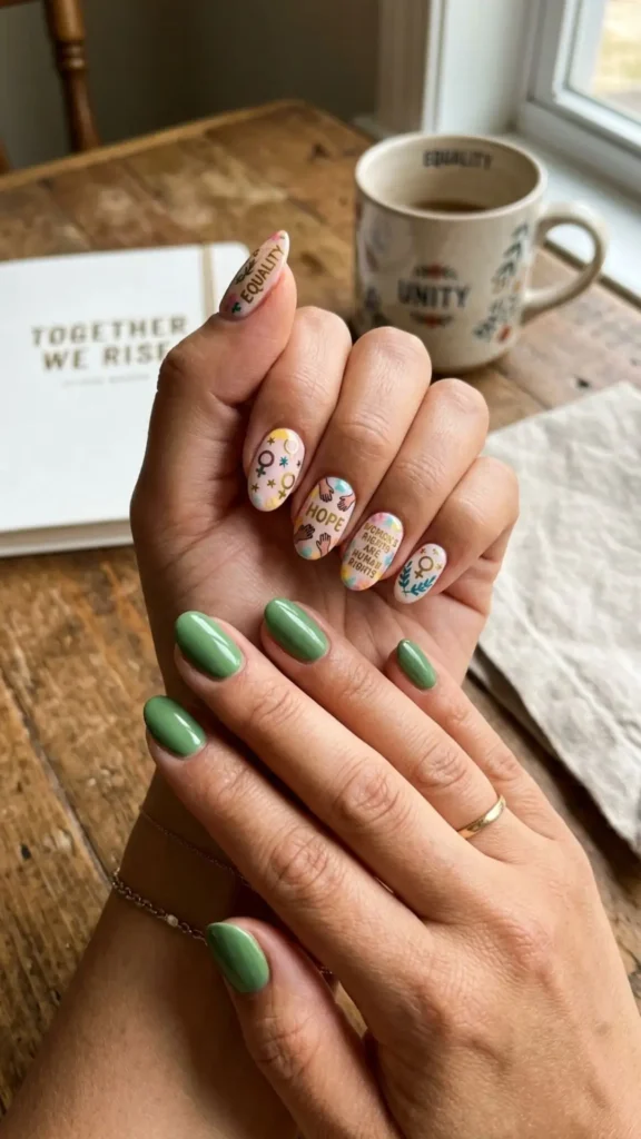 Fresh pistachio green nails with hopeful equality-inspired details.