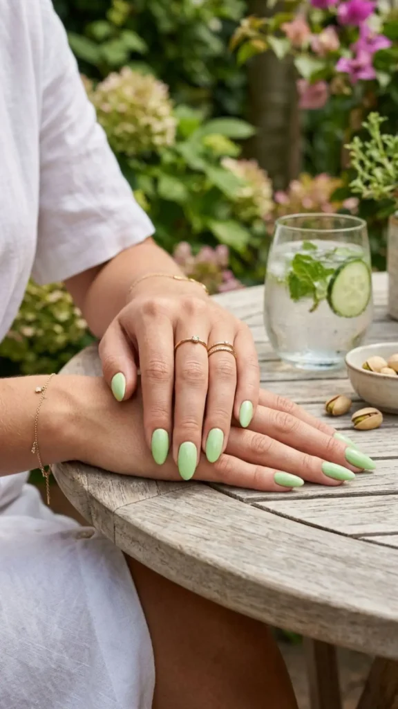 Soft pistachio green nails create a fresh, trendy, and refreshing manicure perfect for summer days.