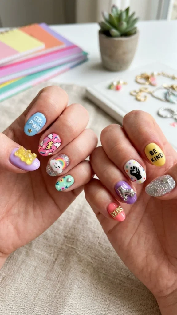 Playful 3D charm nails with creative empowerment details.