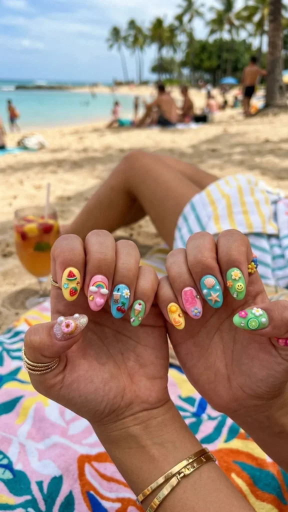 Cute 3D nail charms add dimension, personality, and a playful statement to a trendy summer manicure.