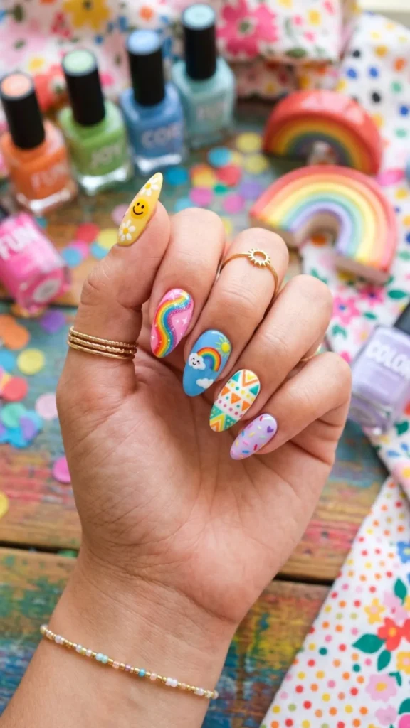 Fun colorful nail art with cheerful patterns and vibrant shades.