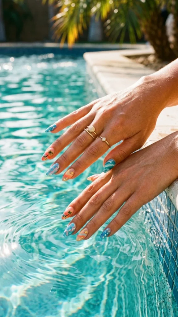 Unique pool water texture nails featuring shimmering blue patterns inspired by rippling swimming pool water.