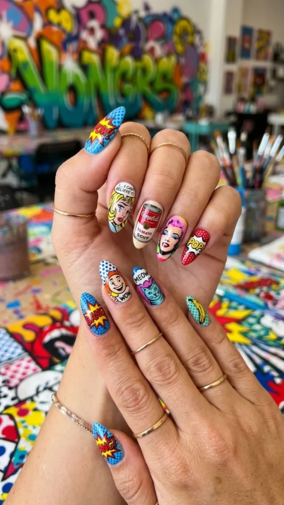 Bold pop art nails with colorful graphic details