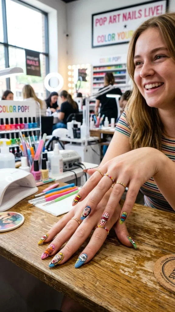 Eye-catching pop art nails with comic-inspired graphics and bold colorful designs.
