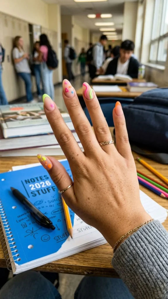 Matte neon nails in vibrant shades creating a bold, playful, and fashion-forward manicure.