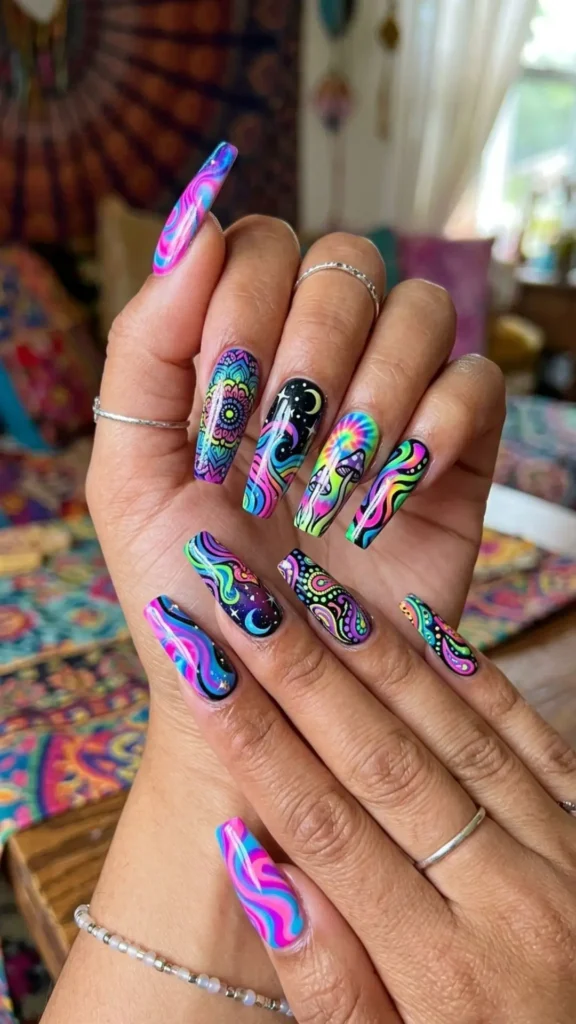 Bold psychedelic nail art featuring vibrant swirls, bright colors, and retro-inspired patterns.