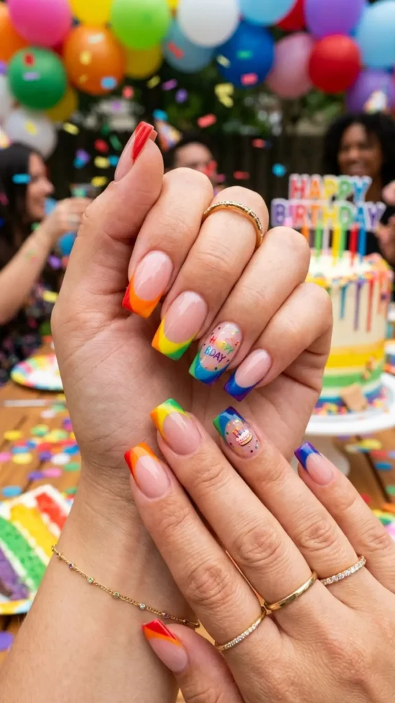 Rainbow French tip square nails with vibrant birthday colors.