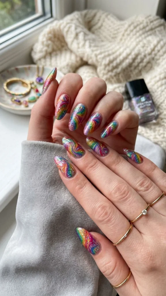 Colorful rainbow marble glitter nails with shimmering swirls and dazzling sparkle.