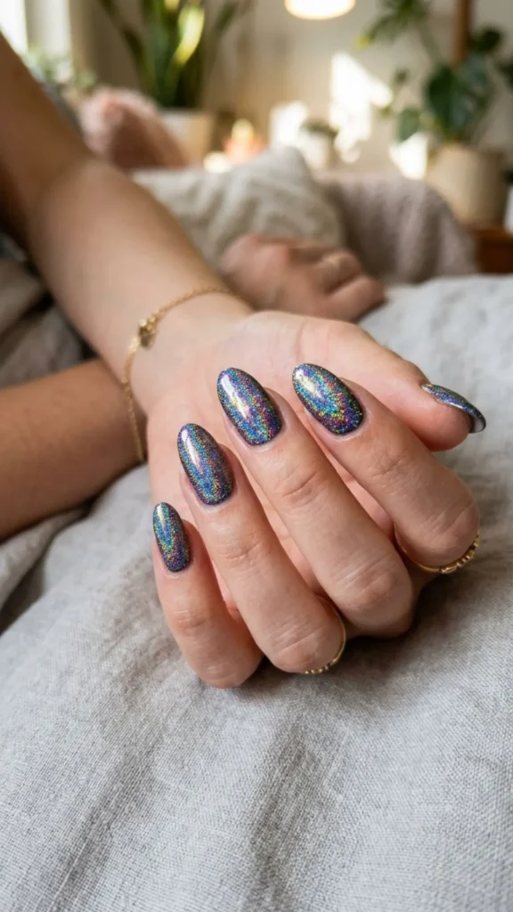 Vibrant rainbow nails with reflective glossy shine