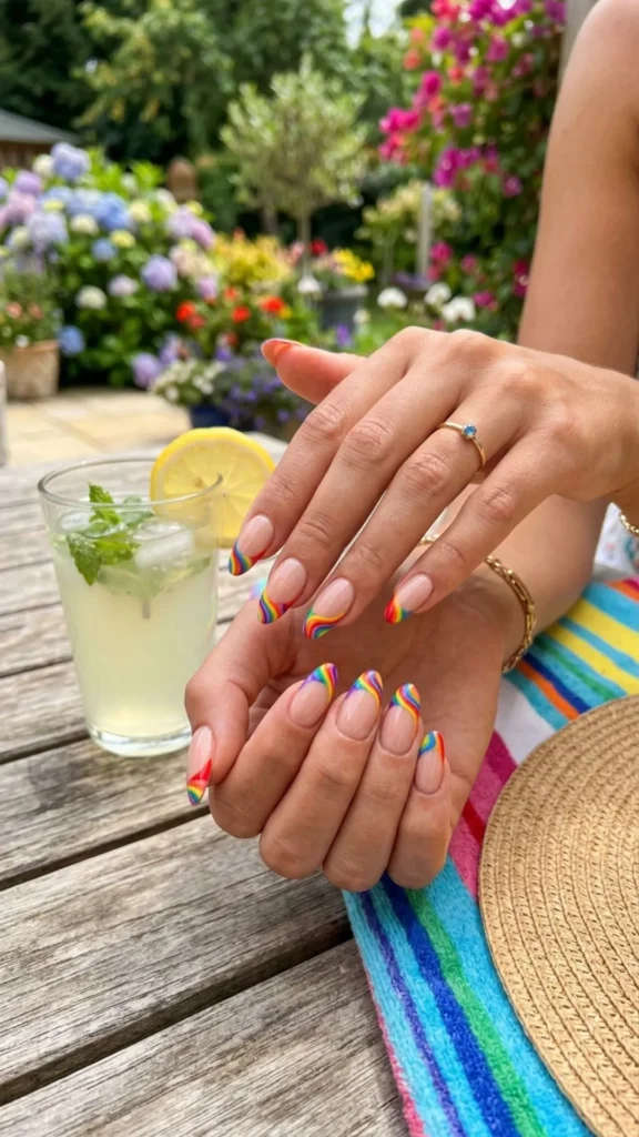 Colorful rainbow twist French tips add a playful, vibrant, and trendy update to the classic summer manicure.