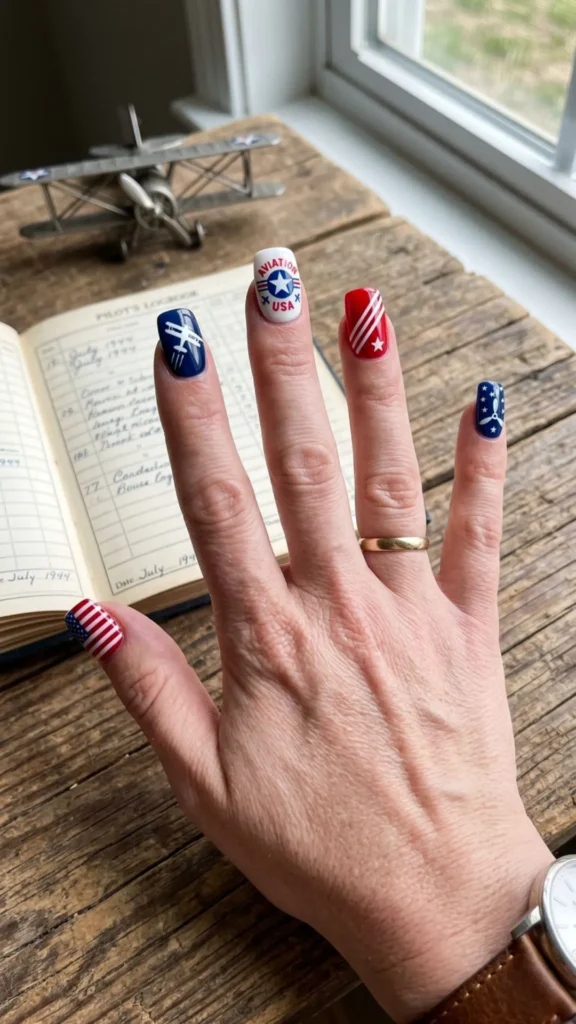 Bold red, white, and blue aviation nails inspired by classic flight and patriotic travel themes.