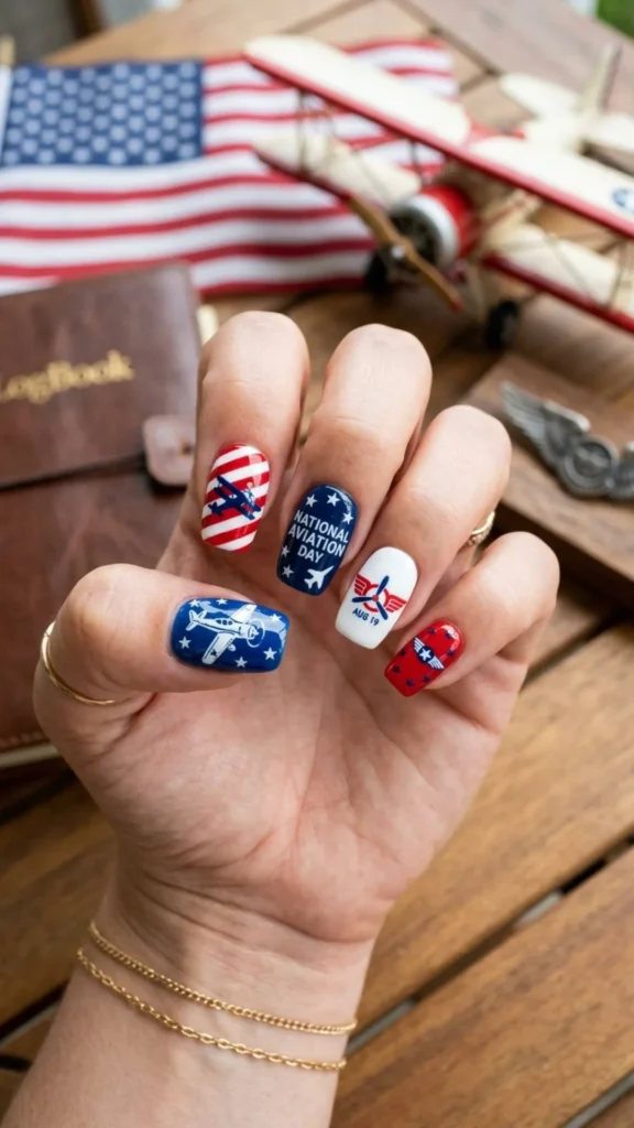 Red, White and Blue Aviation Nails with Flight-Inspired Details 