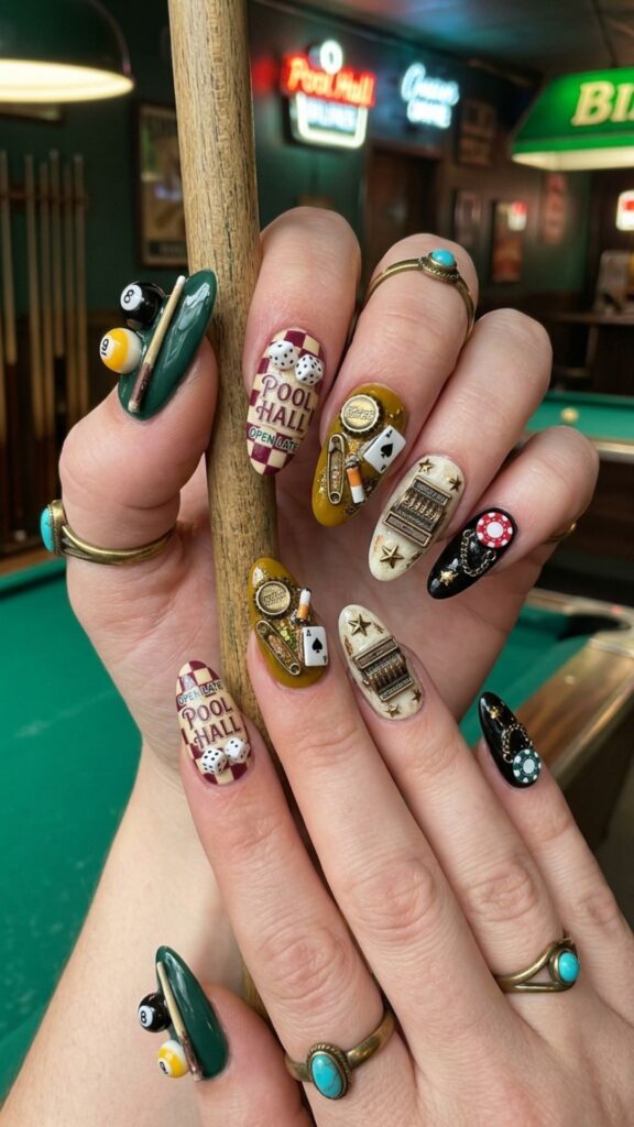Retro pool hall nails with vintage billiard-inspired details and colorful 3D junk nail embellishments.