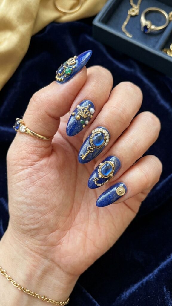 Royal gemstone nails with luxurious jewel tones, sparkling crystals, pearls, metallic accents, and 3D junk nail designs.