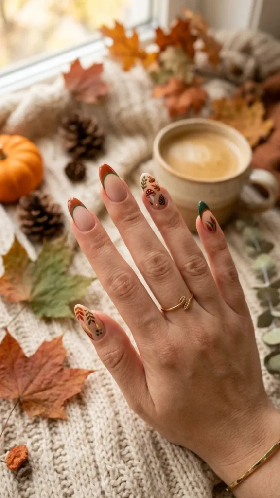Rust and green French tip nails combining earthy autumn colors for a stylish and modern fall manicure.