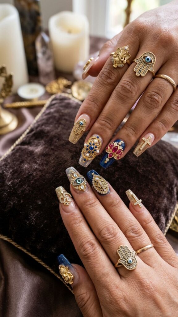 Sacred bling nails featuring ornate symbols, sparkling crystals, metallic accents, and dramatic 3D nail art.