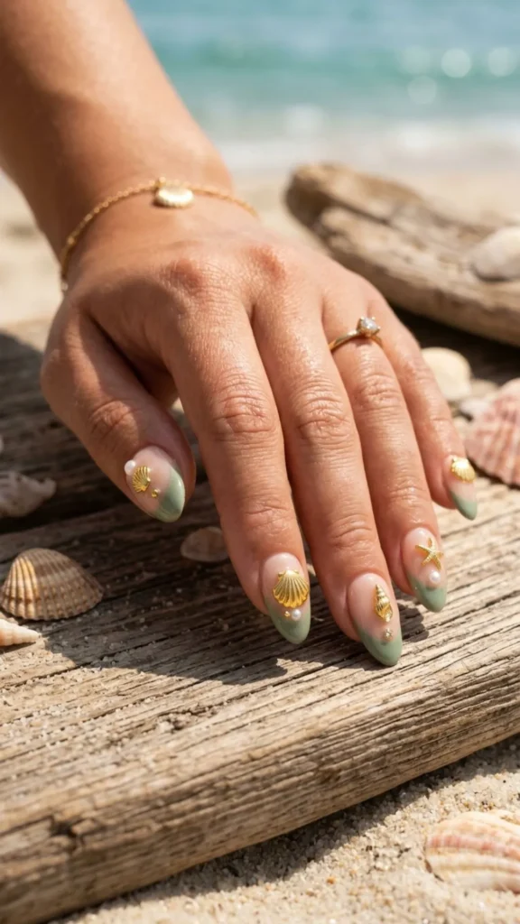 Sage green French tip nails decorated with delicate shell charms.