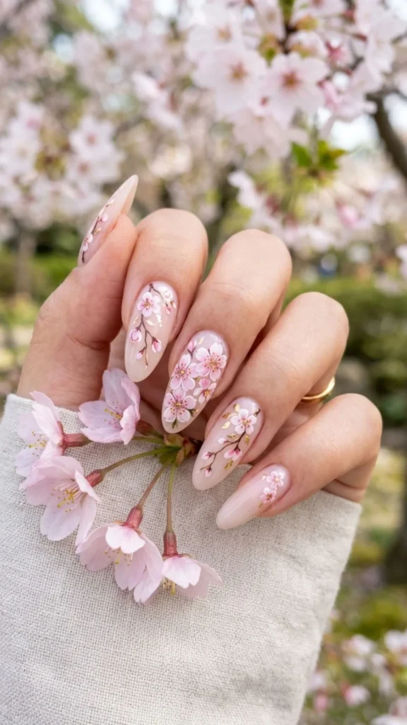Delicate sakura nails with beautiful pink blossoms