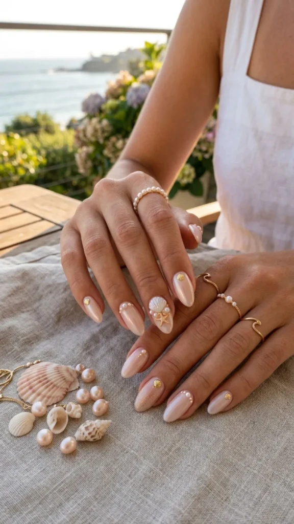  Elegant blush pearl nails decorated with delicate seashell details for a soft coastal manicure.