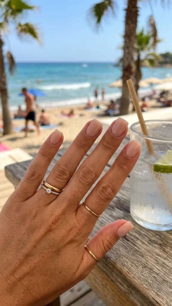 Short square nude nails with a natural finish for a clean and sophisticated manicure.