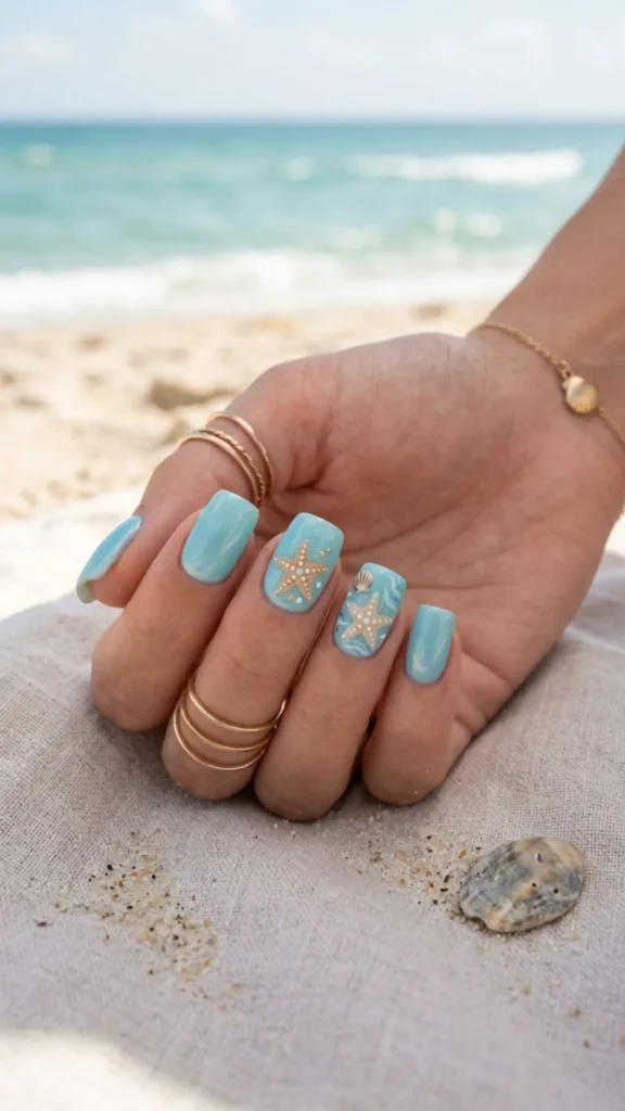 Coastal ocean nails with delicate starfish accents