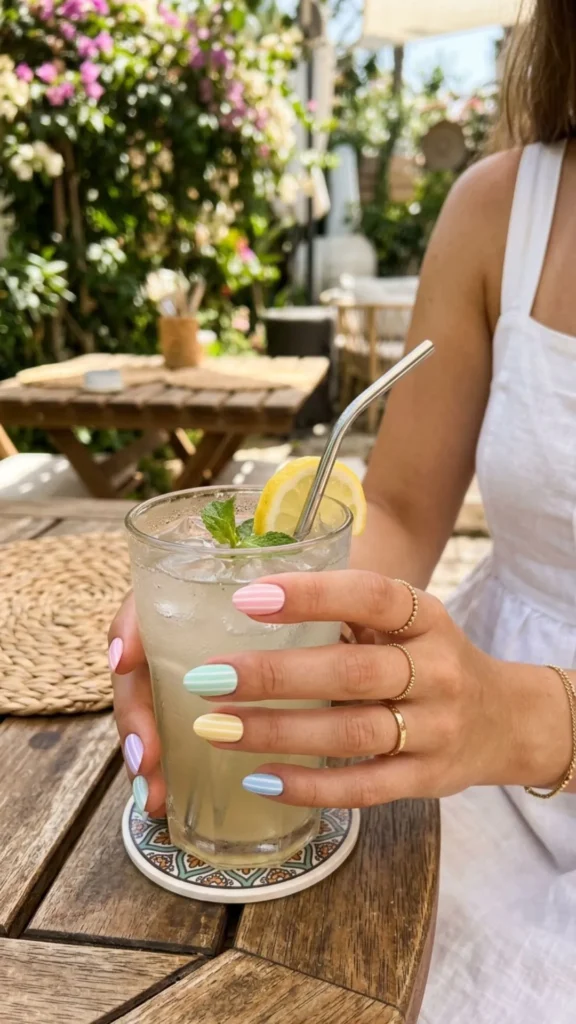 Pastel striped nails with soft colorful lines for a minimalist summer manicure.