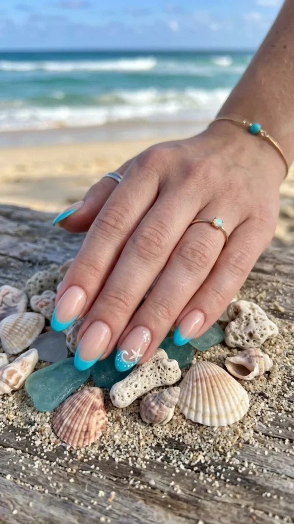 Simple turquoise French tip ocean inspired nails for summer
