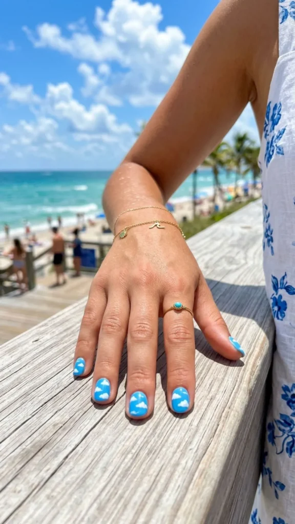  Sky blue nails with fluffy white cloud nail art for a dreamy summer vibe.