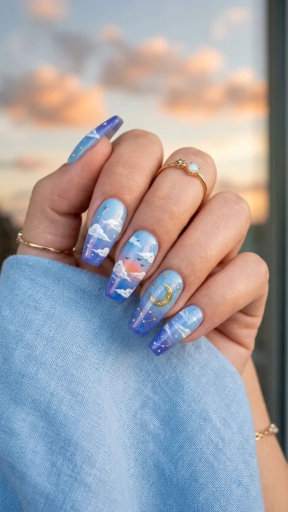 Dreamy sky-inspired nails with soft blue details