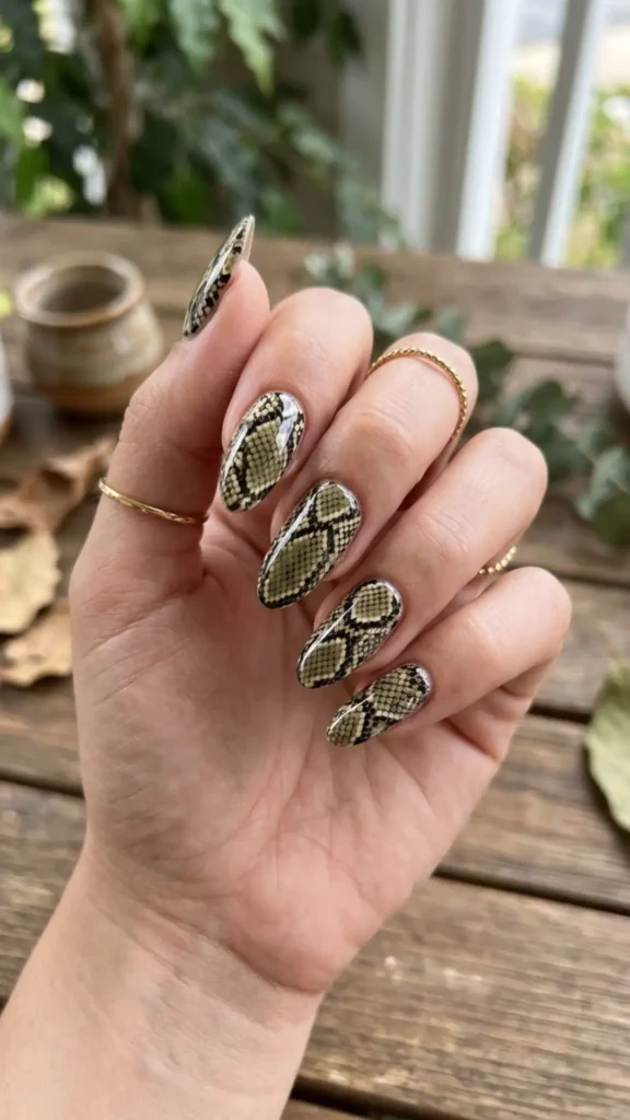 Metallic snake print nail design with a bold, stylish finish.
