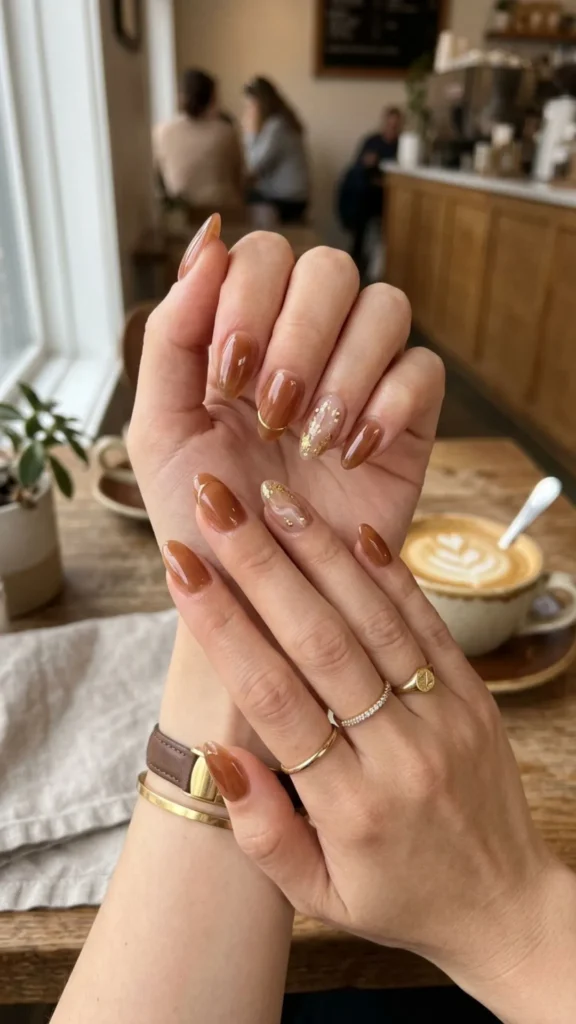 Soft brown jelly nails with glossy viral finish