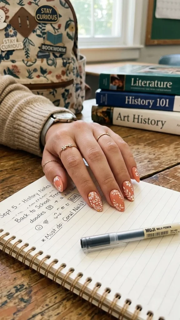 Soft coral nails adorned with delicate white floral details for a charming seasonal look.
