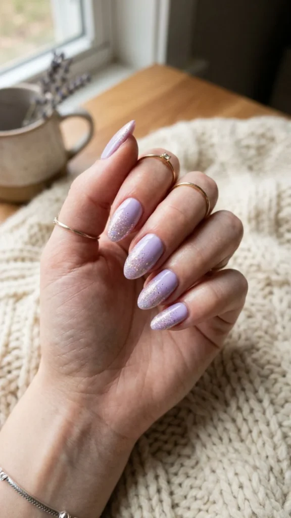 Soft lavender nails accented with fine glitter for a subtle sparkling manicure.