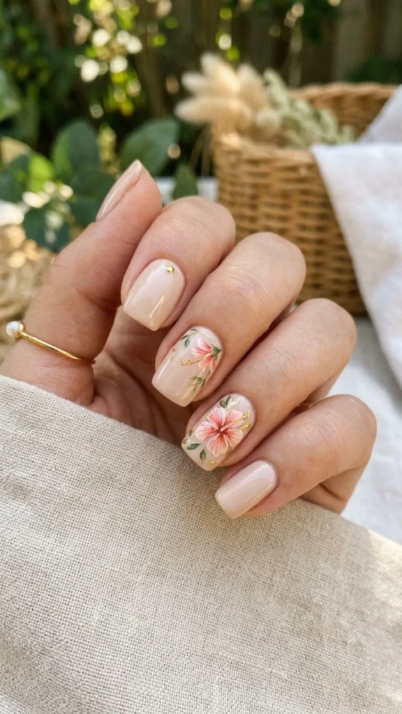 Soft neutral nails featuring a delicate tropical hibiscus flower.