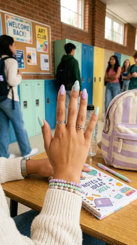 Soft lavender and mint green nails for a fresh pastel manicure with a calming touch.