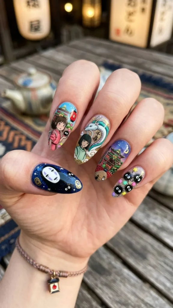 Anime-inspired Spirited Away nail art with magical character details.