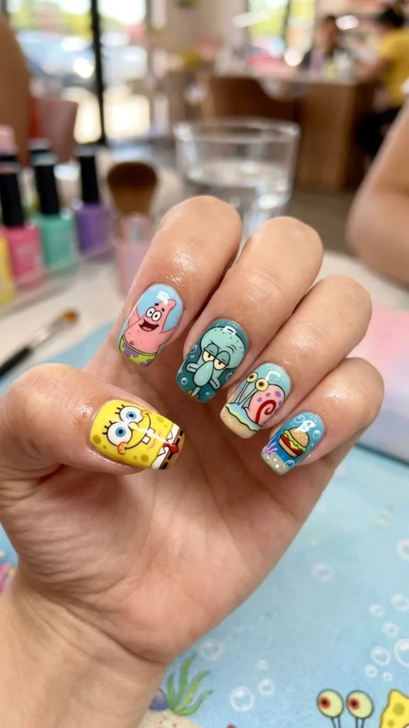 Fun Spongebob-themed nails with colorful cartoon art.
