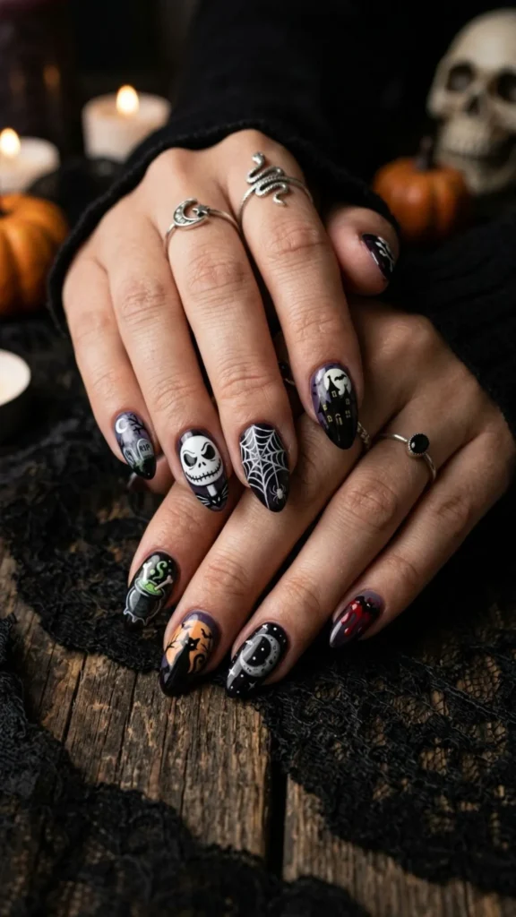 Hand-painted Halloween nails with spooky themed details.
