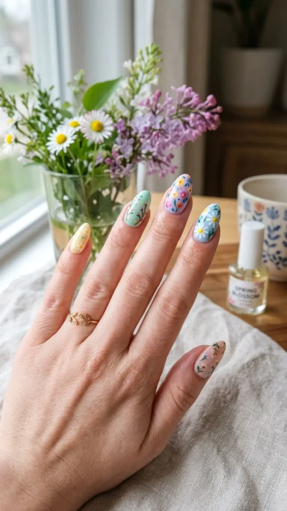Fresh springtime nail design with pastel shades, blooming flowers, and delicate botanical details.