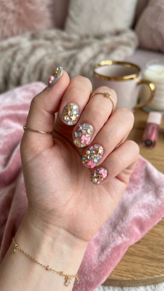 Starry pink short nails decorated with sparkling stars, rhinestones, pearls, and dreamy 3D junk nail art.
