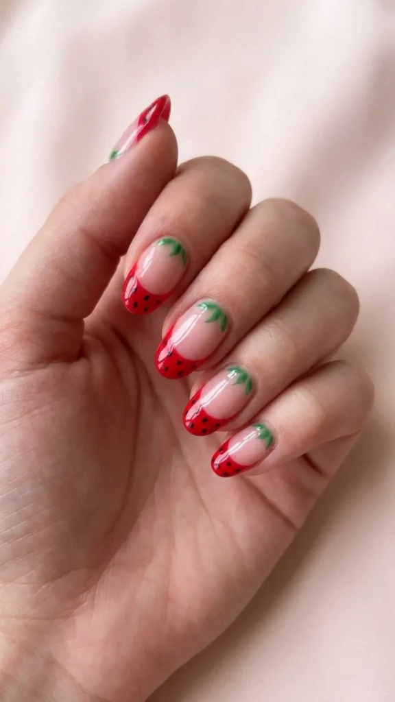 Sweet strawberry tip nails with adorable fruit details