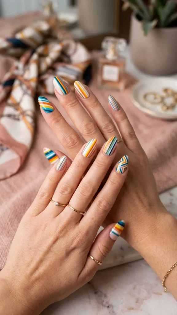 Stylish striped nails with colorful clean lines