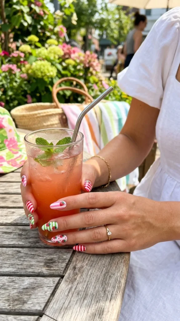 Adorable striped strawberry nail art with a sweet summer-inspired design.
