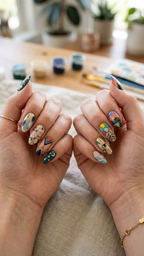 Unique hand-painted nail art featuring intricate details and creative artistic patterns.