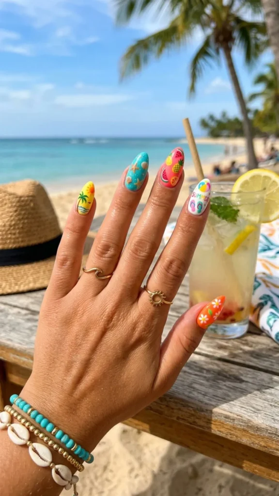 Bright summer nail design with tropical colors and sunny accents.