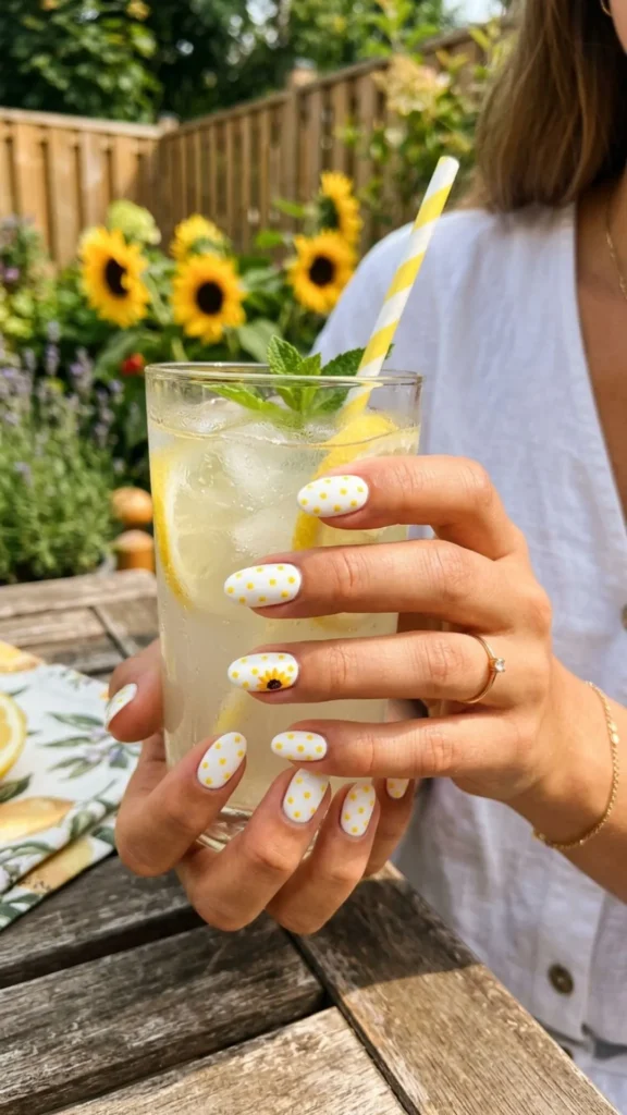 Sunflower yellow nails featuring playful polka dot accents for a cheerful style.