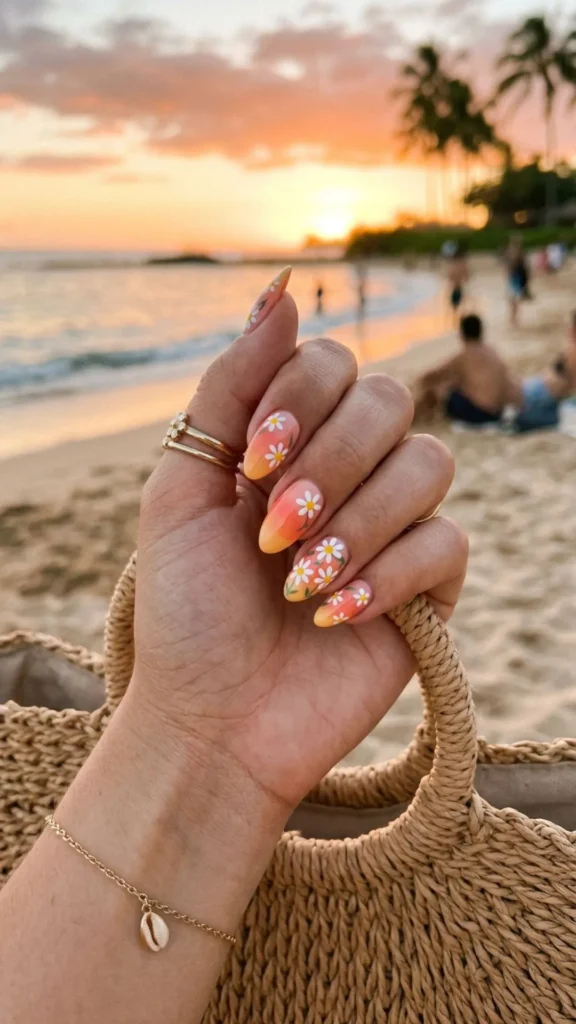 Sunset-inspired nails with warm gradients and delicate daisy flowers.